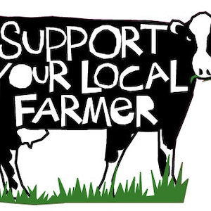 May include: Black and white silhouette of a cow with the text "Support Your Local Farmer" written on its body. The cow is standing in a field of green grass.