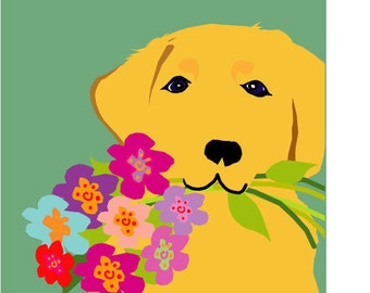 yellow lab greeting card with flowers