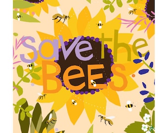 Save the bees colorful 8 x 10 inch print