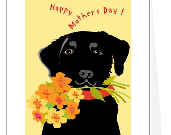 Happy Mothers Day greeting card black lab with flower bouquet