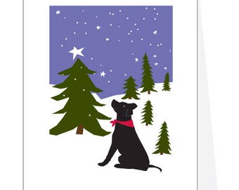 Holiday Greeting Cards Black lab in snowy pine forest