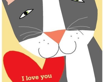 Valentine Card sweet gray cat with red heart I love you greeting card