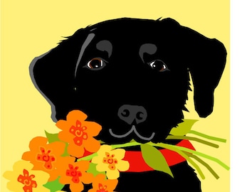 greeting card black lab with flowers