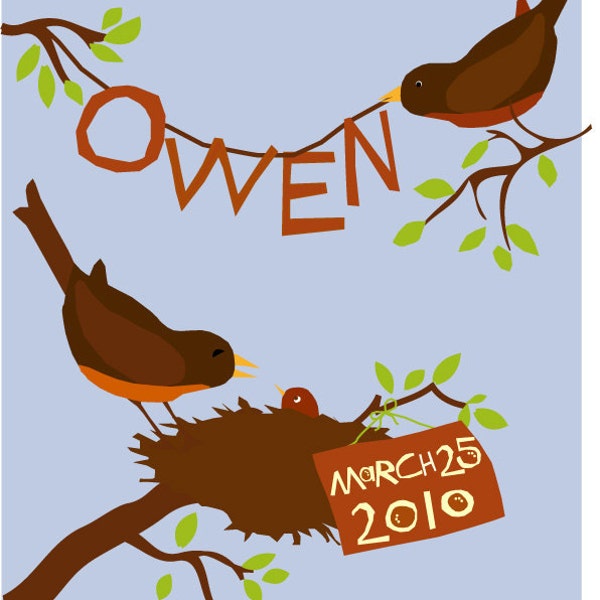 Custom Baby Bird Birth Announcement Print, Nursery Decor (8x10 in Mat)