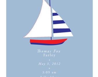 Custom Birth Announcement cute sail boat 8 x 10 inch print in 11 x14 inch white mat