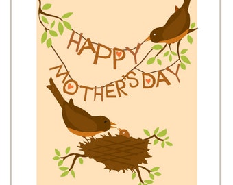 Happy Mothers Day Robins greeting card hand cut type baby bird in nest