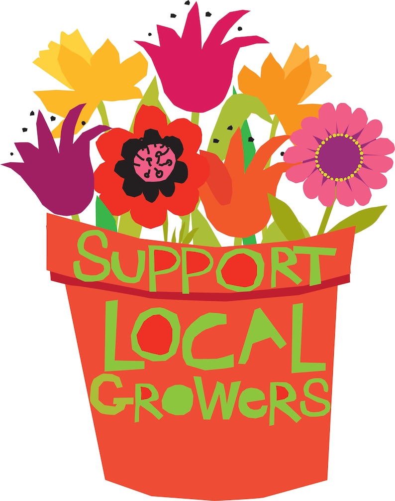 May include: A red flower pot with a bouquet of colourful flowers and the text "Support Local Growers" in green letters.