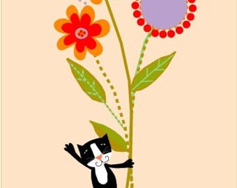 art print sweet black kitty with flowers 8 x 10 print 11 x 14 mat