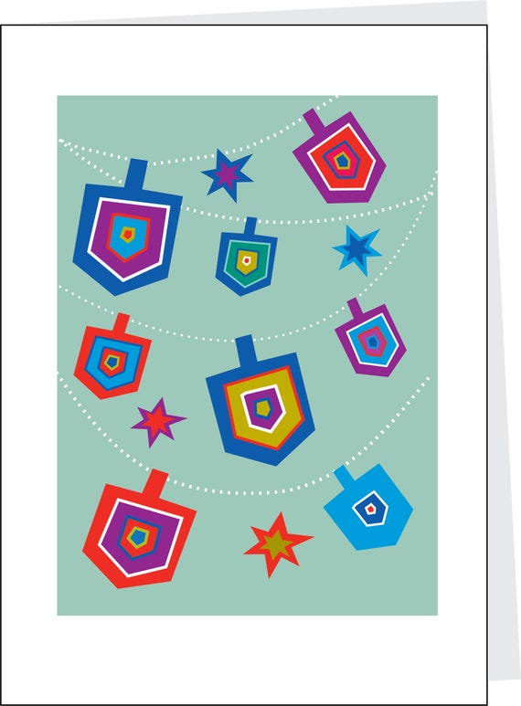 Greeting cards Hanukkah dreidel garland 4 cards | Etsy