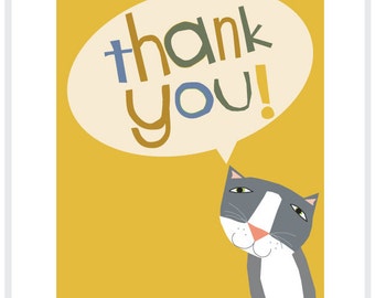 Thank you cards pale pink or yellow with hand drawn type and cute gray cat