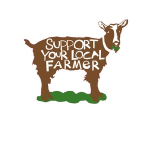 May include: A brown goat with white markings is eating a green leaf. The goat is standing on a green patch of grass. The text "SUPPORT YOUR LOCAL FARMER" is written on the goat's body.