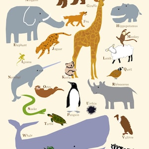 Animal alphabet print 13 x 19 inches premium hand made print nursery wall art