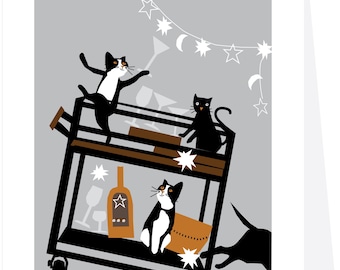 greeting card Happy New Year cats with bar cart