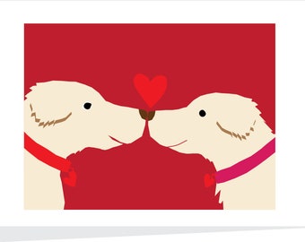 Può includere: Due cani bianchi con colletti rossi e rosa si guardano con un cuore rosso sopra le loro teste. I cani sono su uno sfondo rosso.