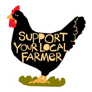 May include: Black silhouette of a chicken with the words "Support Your Local Farmer" written in yellow on its body.
