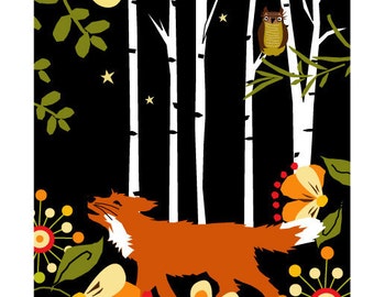 print fox in the woods at night 7 x 10 inch art in 11 x 14 inch mat