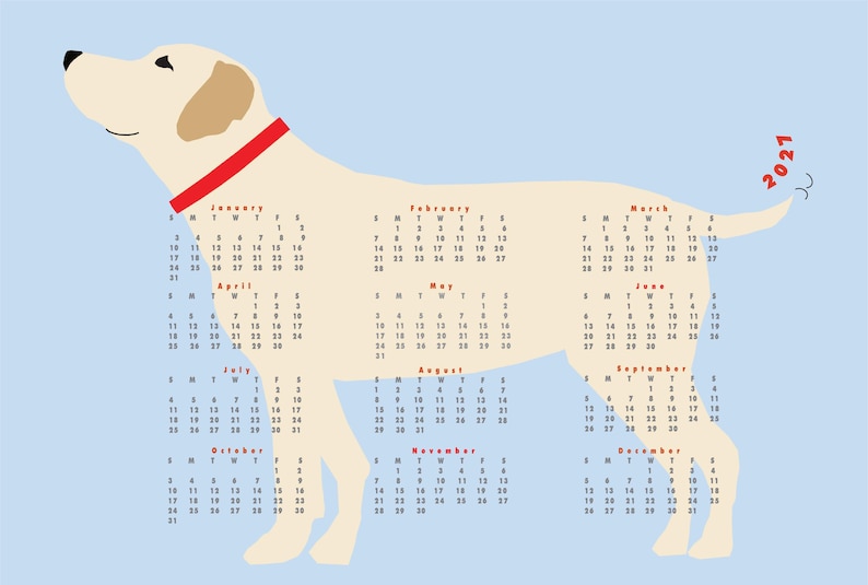 Pu&ograve; includere: Un calendario da parete 2021 con la sagoma di un cane color crema chiaro su sfondo azzurro. Il cane indossa un collare rosso e i mesi da gennaio a dicembre sono stampati in nero sul corpo del cane.