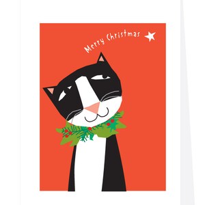 Greeting cards tuxedo cat with wreath and star merry christmas cards