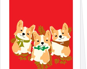 Ho Ho Ho Corgis Holiday Greeting Cards corgis on bright red background