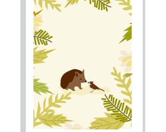 wren and hedgehog nursery print  in 11 x 14 inch mat childrens wall decor