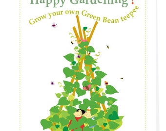 Kids gardening card Grow a green bean teepee seed kit gardening greeting card with organic seeds