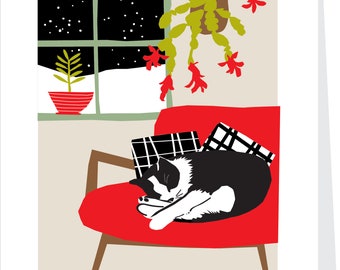 Greeting cards tuxedo cat on red chair holiday cards