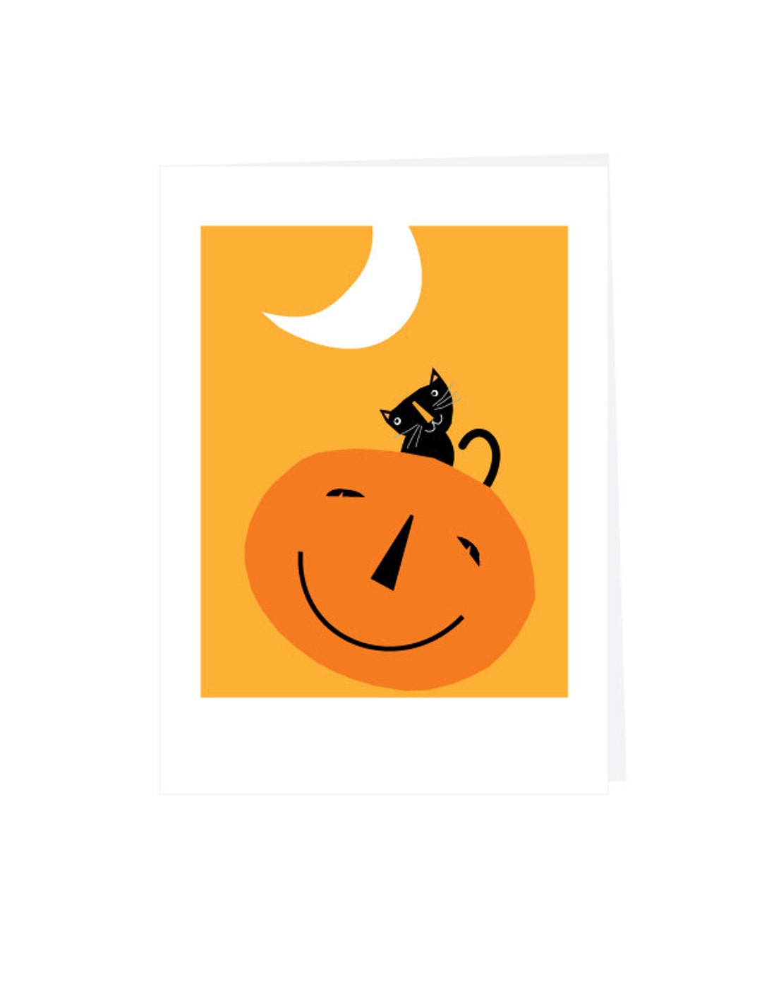 Halloween Greeting Card Small Black Cat on Jack O Lantern Bright Yellow ...