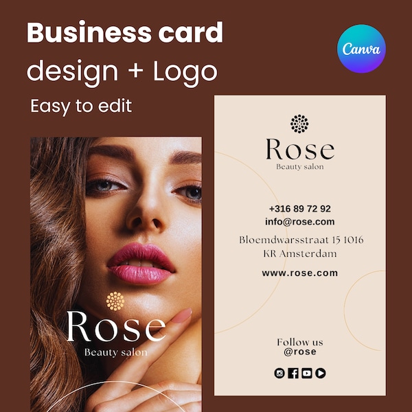 Elegante Rose-Themed Beauty Salon Visitekaartje Template - Inclusief Logo - Canva Design - Professionele Business Card