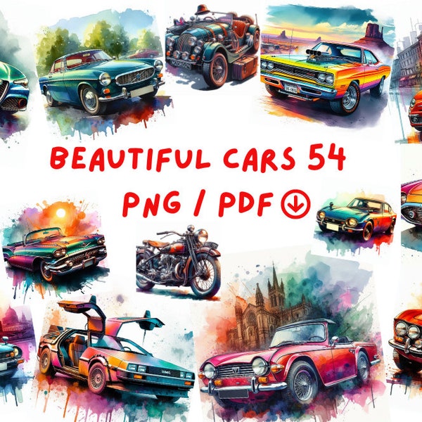 A collection of watercolor images of classic cars, transparent images that can be downloaded in PDF/PNG format for commercial use