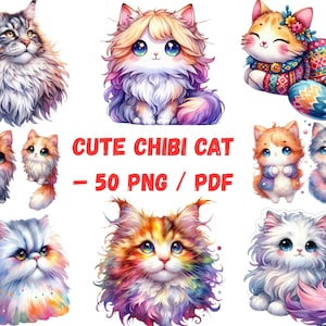 50 Cute Chibi Cat Clipart | Watercolor Cat Stickers PNG & PDF | Kawaii Kitten Bundle for Planners, Scrapbooking