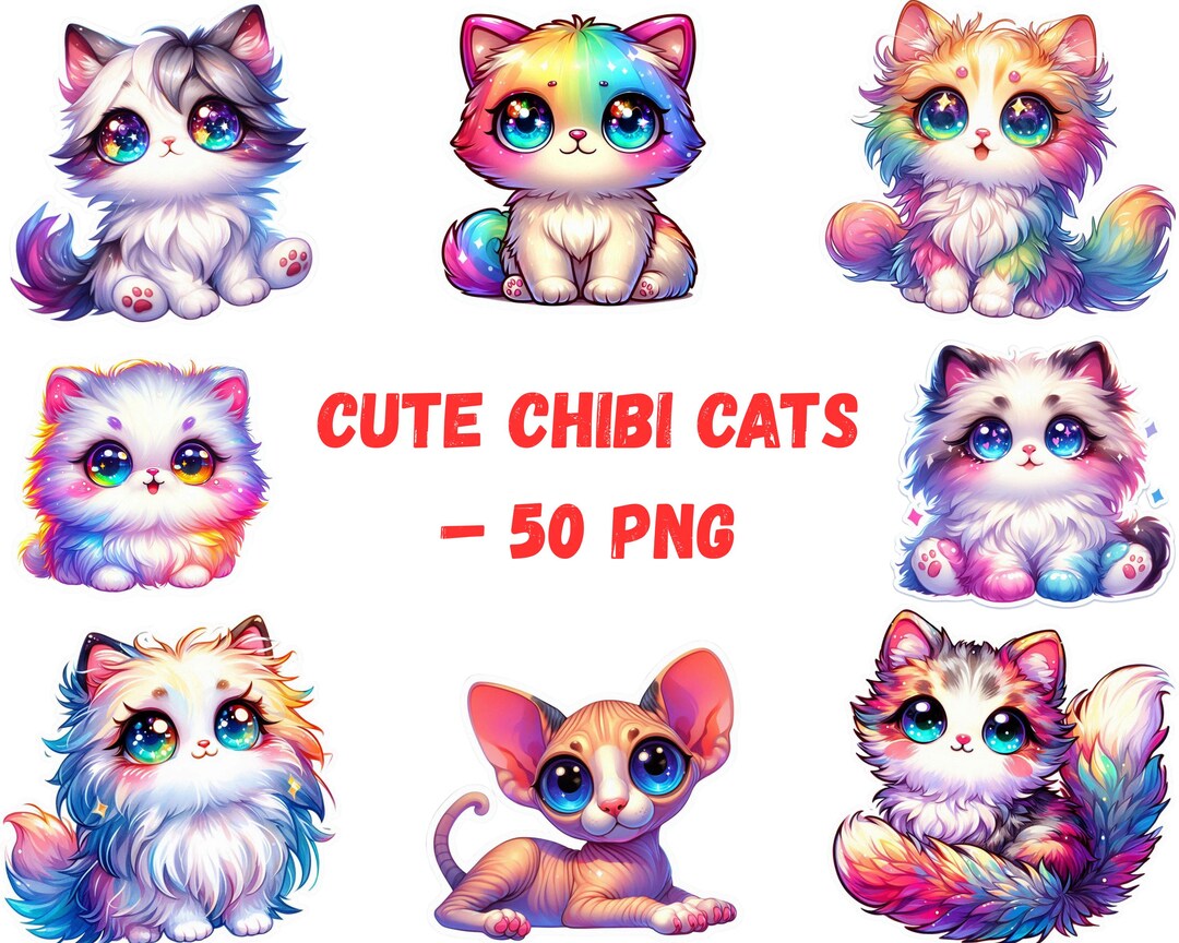 Watercolor Chibi Cat Stickers PNG – Cute Cat Breeds Clipart Digital ...