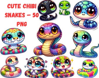 Watercolor Chibi Snakes Stickers PNG – Cute Snakes Clipart Digital Download