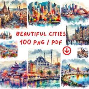A collection of watercolor images of famous cities, transparent images that can be downloaded in PDF/PNG format for commercial use.