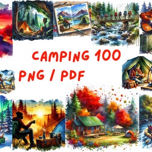 A collection of watercolor images of camping, adventure and nature. It can be downloaded in PDF/PNG format for commercial use.