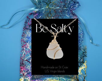 Handmade Genuine Caribbean Sea Glass Necklace – Wire Wrapped Pendant with chain, Faith Gift with Mathew verse - Choose your color