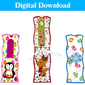 May include: Digital Download image featuring three decorative Christmas-themed gift card holders. The holders have colorful patterns, including ornaments, mittens, and a reindeer. Each holder has a unique design and embellishments, perfect for holiday gifting.