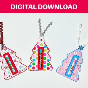 May include: Three printable Christmas tree gift tags with different patterns. Each tag has a slot for a small gift, such as a lip balm or a small toy. The tags are decorated with snowflakes, candy canes, and polka dots.