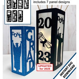 May include: A black and white graduation lantern with a silhouette of a graduate, a diploma, and the year 2023. The lantern is customizable with seven different panel designs. The text "INSTANT SVG DOWNLOAD" is in the lower right corner.