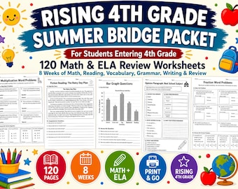 Rising 4th Grade Summer Bridge Packet, Math & ELA Review Worksheets, Back to School Summer Review, Printable PDF