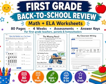 Grade 1 Back to school Readiness worksheets bundle | 80 First Month of school review pages | Beginning-of-Year Math & ELA Packet