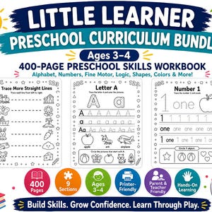 Preschool Curriculum Bundle für 3-4 jährige, 400 Zurück zu Schulseiten Pre-K Arbeitsblätter, Homeschool Vorschul-Lernaktivitäten, Alphabet-Zahlen