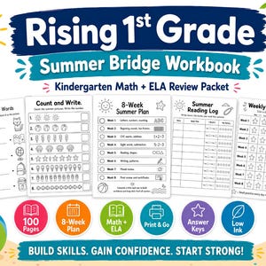 May include: A Rising 1st Grade Summer Bridge Workbook featuring a Kindergarten Math and ELA review packet. The educational material includes worksheets for CVC words, counting, an 8-week summer plan, a reading log, and a weekly reward chart.