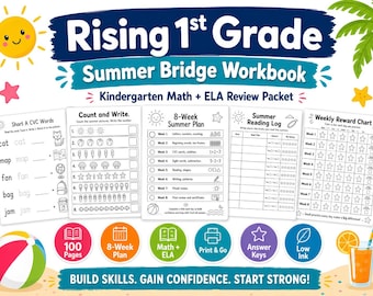 Rising 1st Grade Summer Review Packet, Kindergarten Math and ELA Workbook, Back to School Prep, Summer Bridge Activities, Print and Go PDF