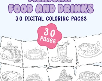 Food and drinks Bold-Easy coloring book| Mexican treats coloring pages| 30 drawings for kids