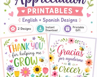 Thank You for Helping Me Grow Plant Tags| Teacher Appreciation Gift Tags English & Spanish| Gracias por Ayudarme a Crecer Printable Tags