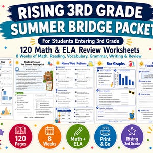 May include: A digital educational packet titled Rising 3rd Grade Summer Bridge Packet featuring 120 math and ELA review worksheets. The layout includes five sample pages covering place value, reading, money, bar graphs, and narrative writing.