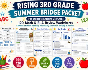 Rising 3rd Grade Summer Review Packet, 120 3rd Grade Summer Bridge Worksheets, End of 2nd Grade Math ELA Review, Printable Summer Packet