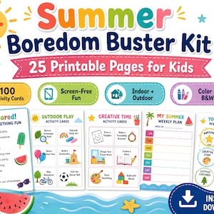 Op de afbeelding: Een zomerse activiteitenkit met 25 printbare pagina's voor kinderen, inclusief 100 activiteitenkaarten, een weekplanner en beloningsbadges. Het ontwerp bevat een zon, een vlieger en kleurrijke iconen voor schermvrije activiteiten.