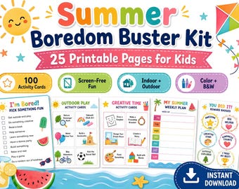 I’m Bored Jar Printable, Summer Boredom Buster Kit for Kids, Screen Free Activity Cards, Summer Checklist, Rainy Day Activities PDF
