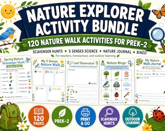 Nature Scavenger Hunt Bundle for Kids | 120 Nature Walk Activities, 5 Senses Science Worksheets, Outdoor Learning PreK-2 | Bingo Games
